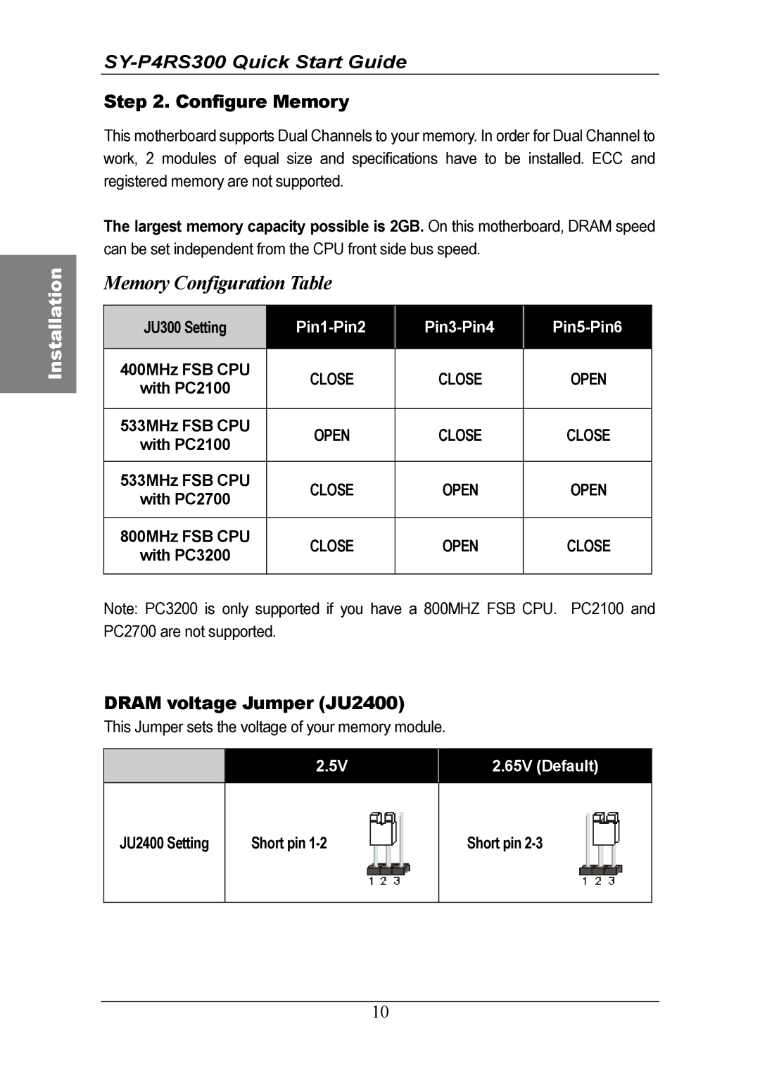 SOYO SY-P4RS300 quick start Configure Memory, Dram voltage Jumper JU2400 