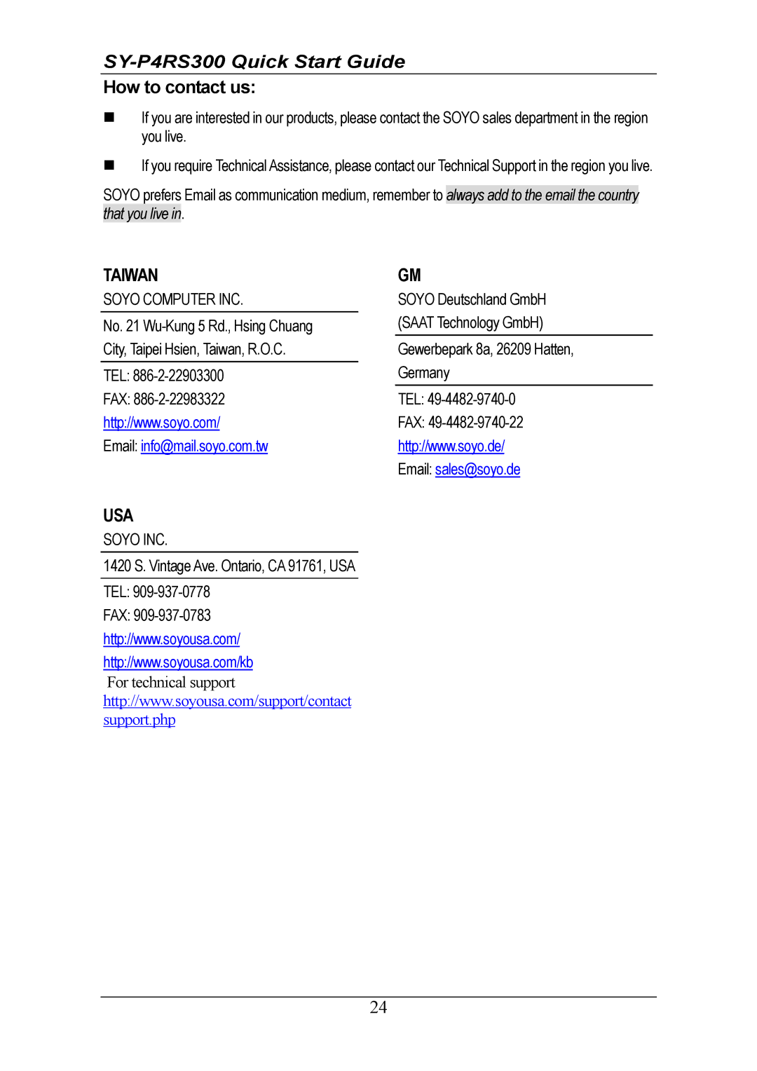 SOYO SY-P4RS300 quick start How to contact us, Taiwan 