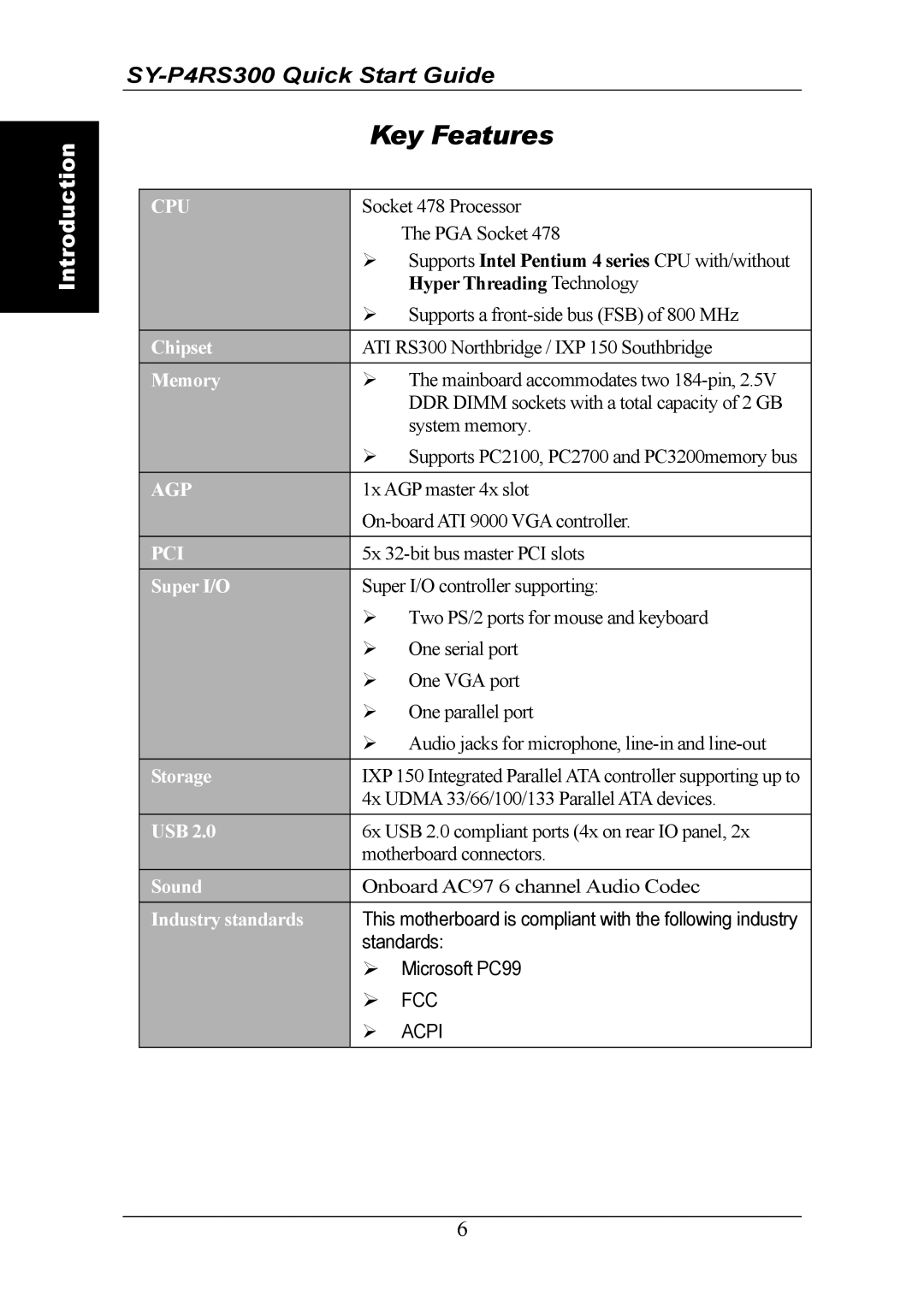 SOYO SY-P4RS300 quick start Key Features, Cpu 