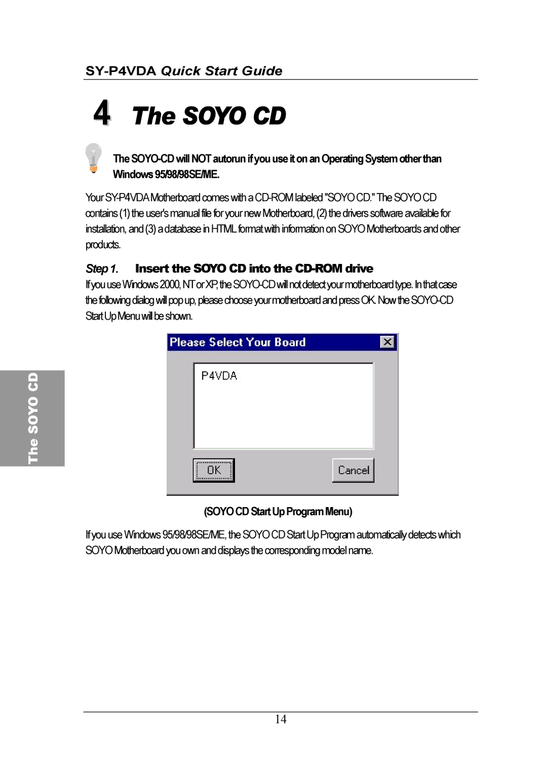 SOYO SY-P4VDA quick start Soyo CD Start Up Program Menu 