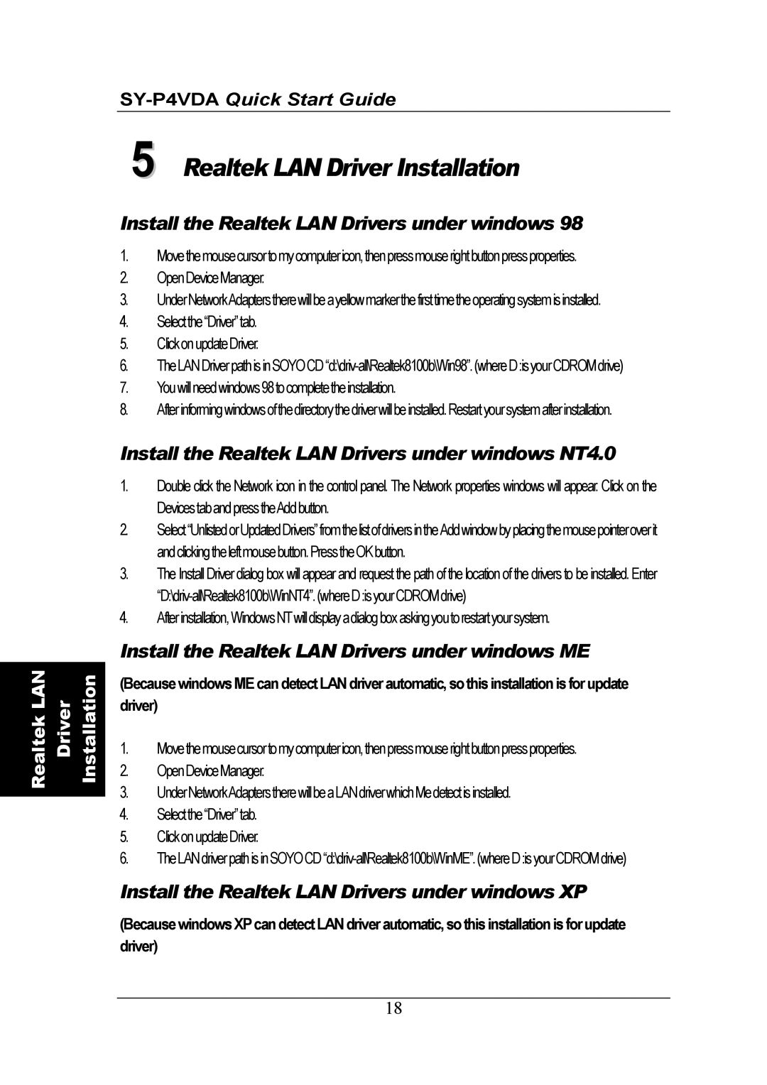 SOYO SY-P4VDA quick start Realtek LAN Driver Installation 