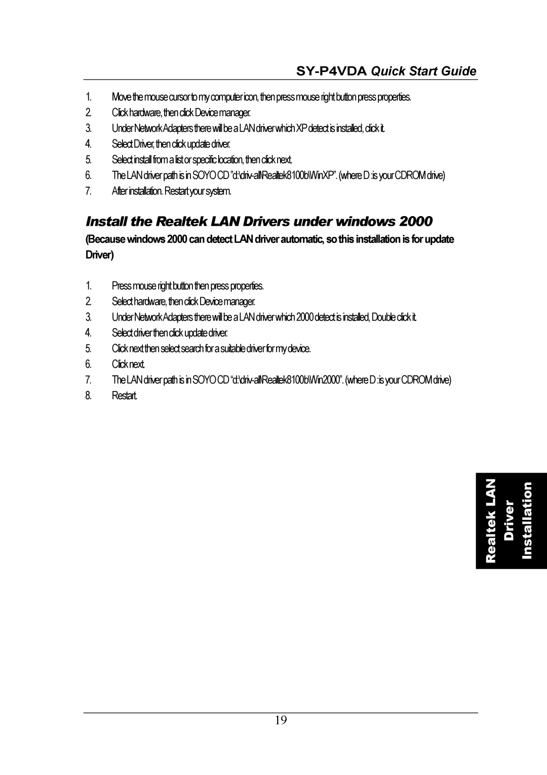 SOYO SY-P4VDA quick start Install the Realtek LAN Drivers under windows 