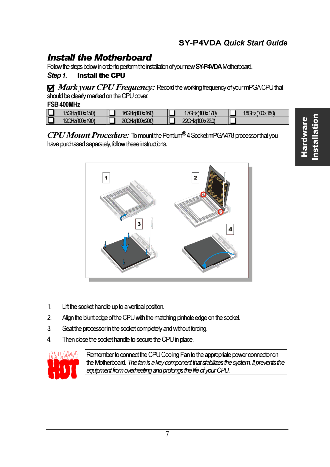 SOYO SY-P4VDA quick start Install the CPU, FSB 400MHz 