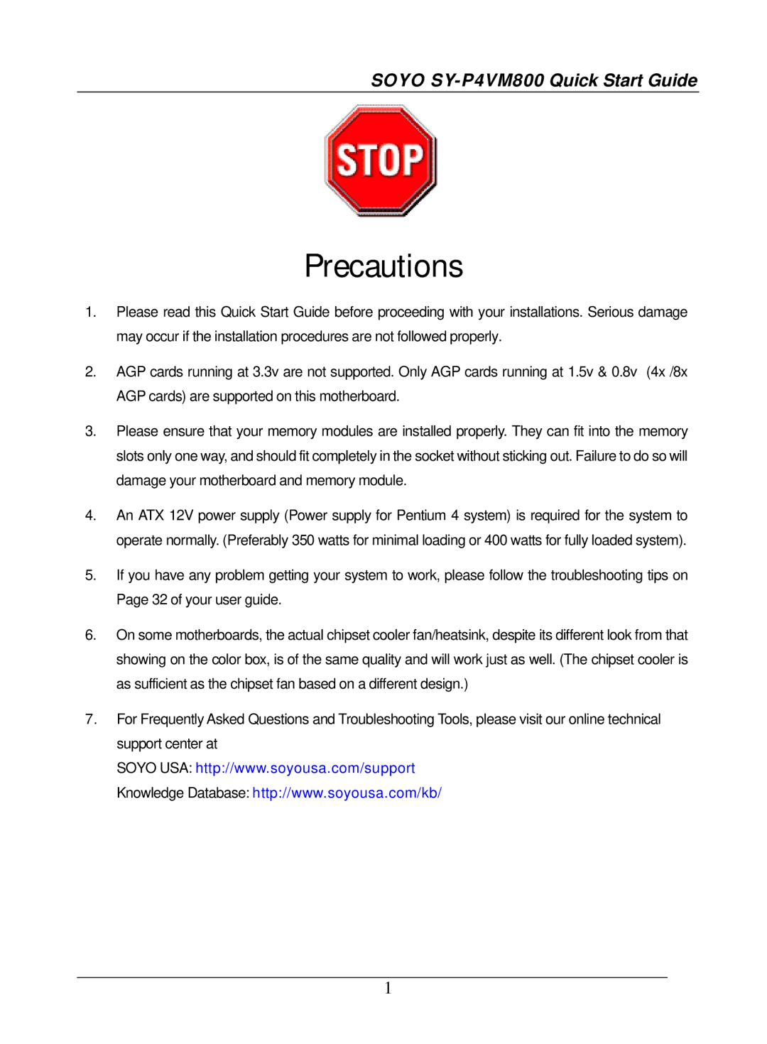 SOYO quick start Precautions, Soyo SY-P4VM800 Quick Start Guide 