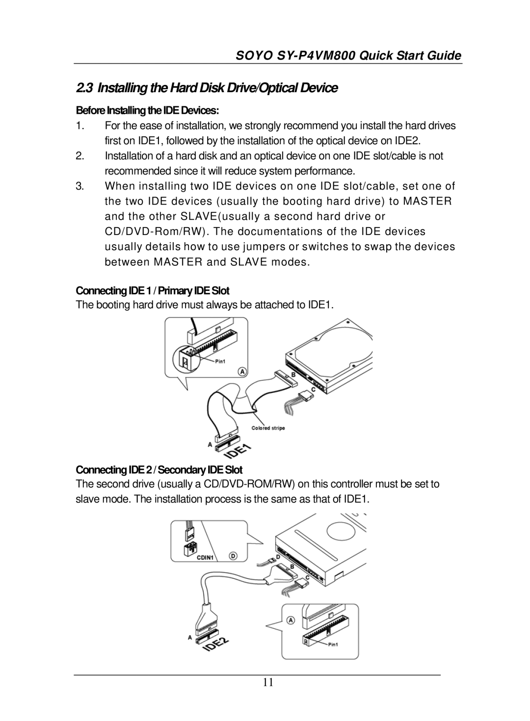 SOYO SY-P4VM800 quick start Installing the Hard Disk Drive/Optical Device, BeforeInstallingtheIDE Devices 