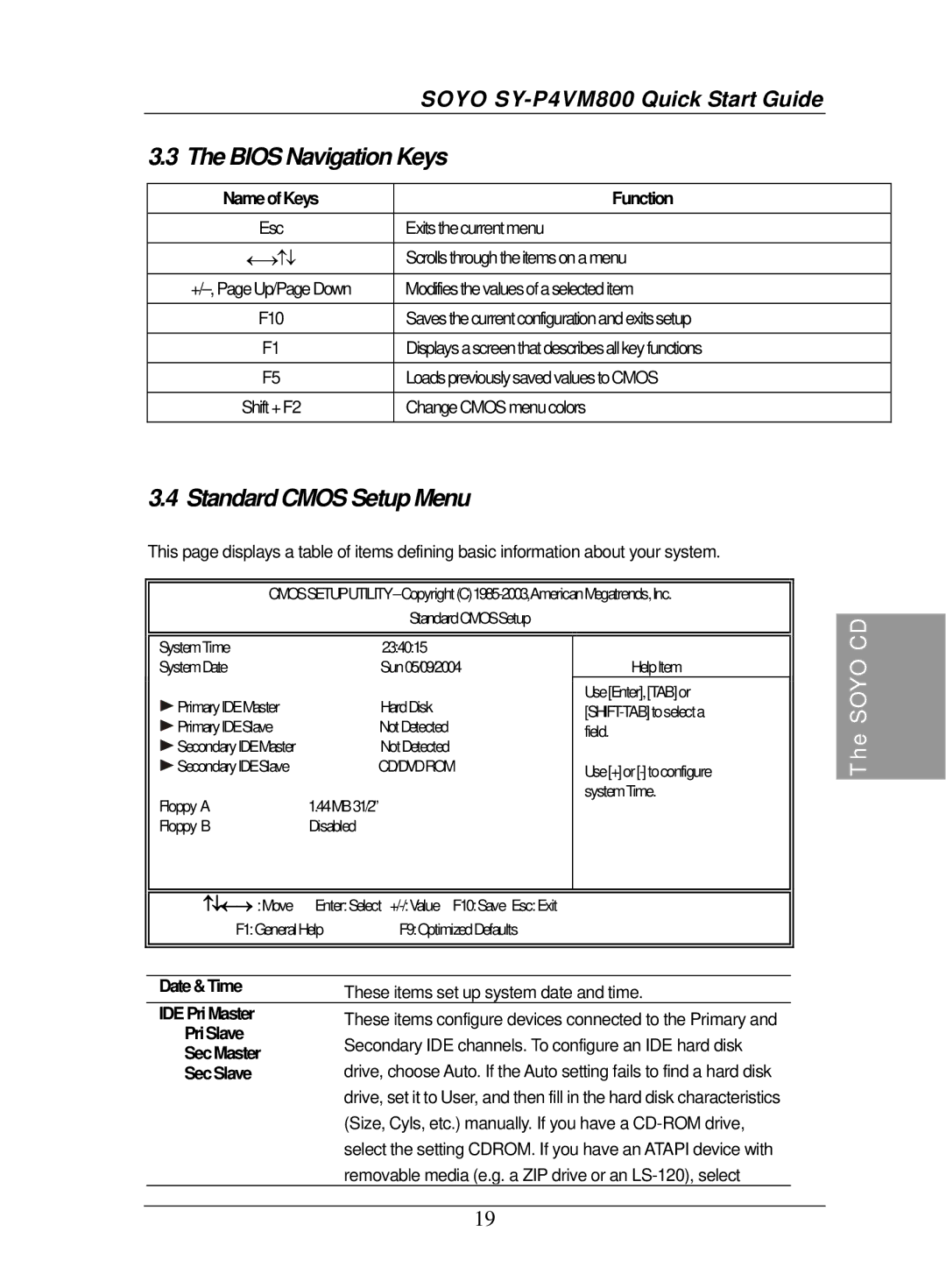 SOYO SY-P4VM800 quick start Bios Navigation Keys, Standard Cmos Setup Menu 