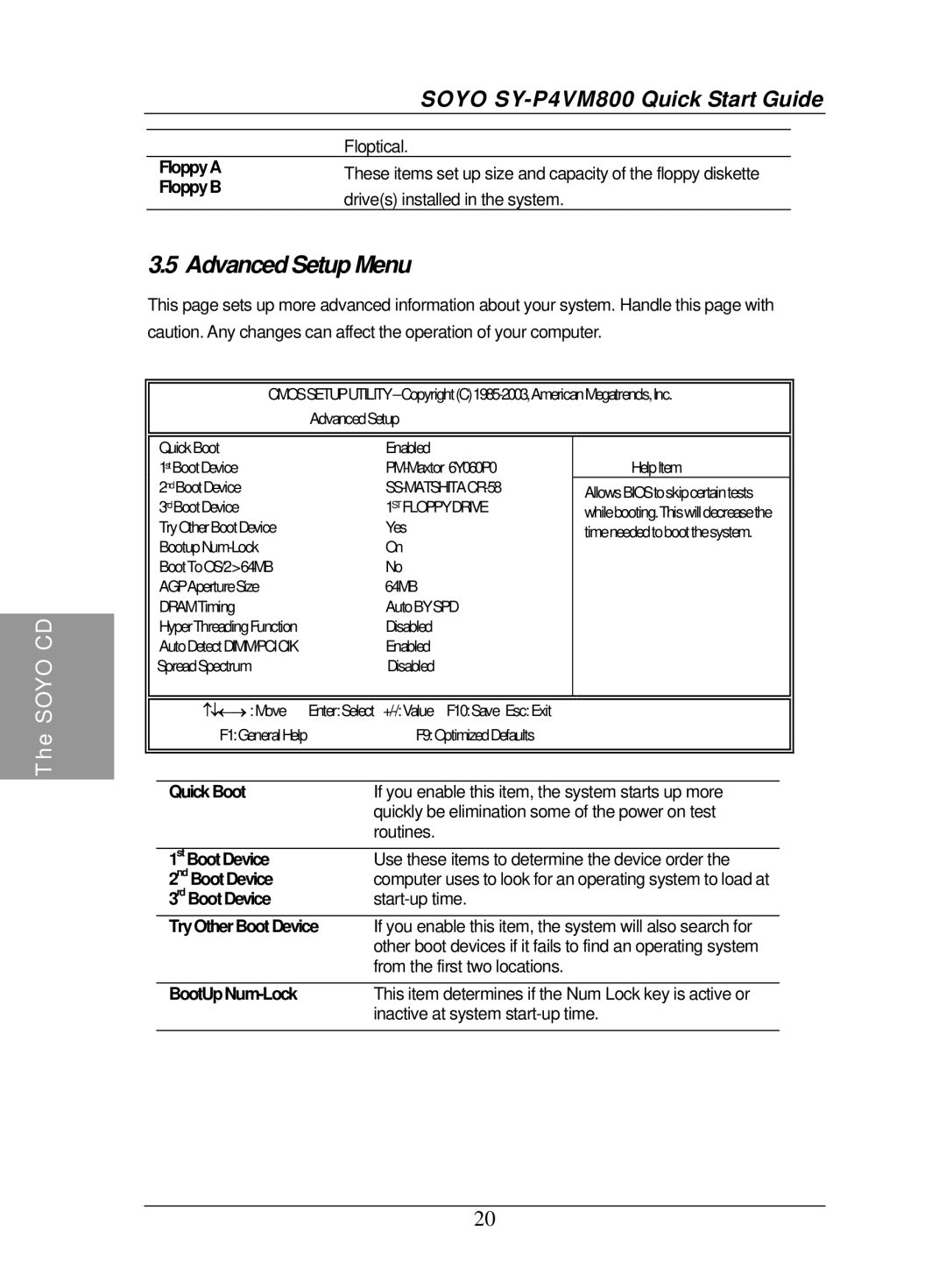 SOYO SY-P4VM800 quick start Advanced Setup Menu, 1STFLOPPYDRIVE 