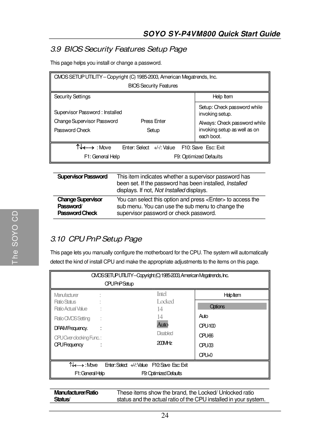 SOYO SY-P4VM800 quick start Bios Security Features Setup, CPU PnP Setup 