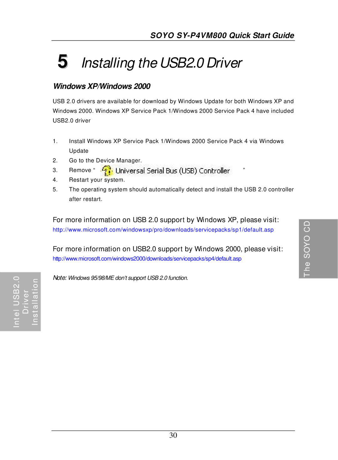 SOYO SY-P4VM800 quick start Installing the USB2.0 Driver, Windows XP/Windows 