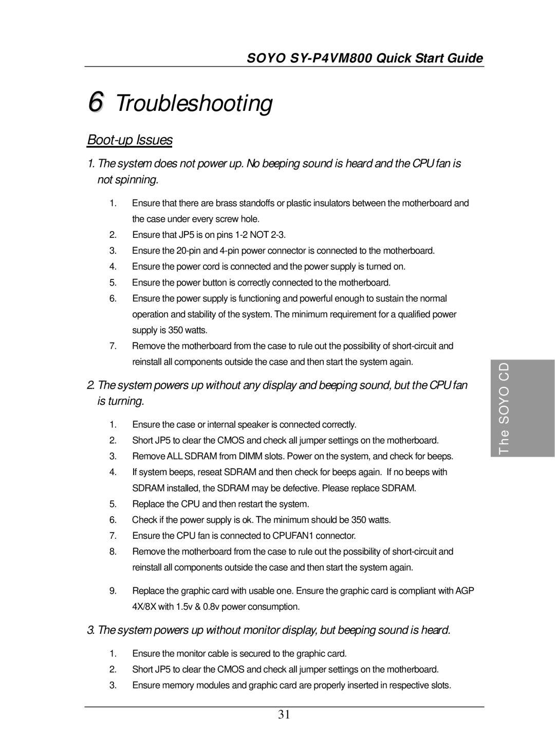 SOYO SY-P4VM800 quick start Troubleshooting, Boot-up Issues 