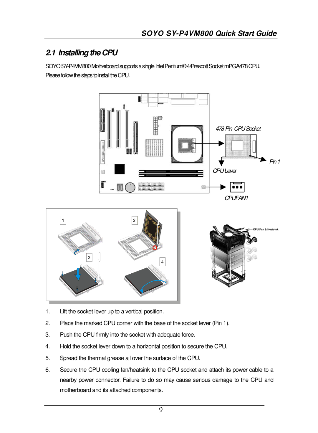 SOYO SY-P4VM800 quick start Installing the CPU, CPUFAN1 