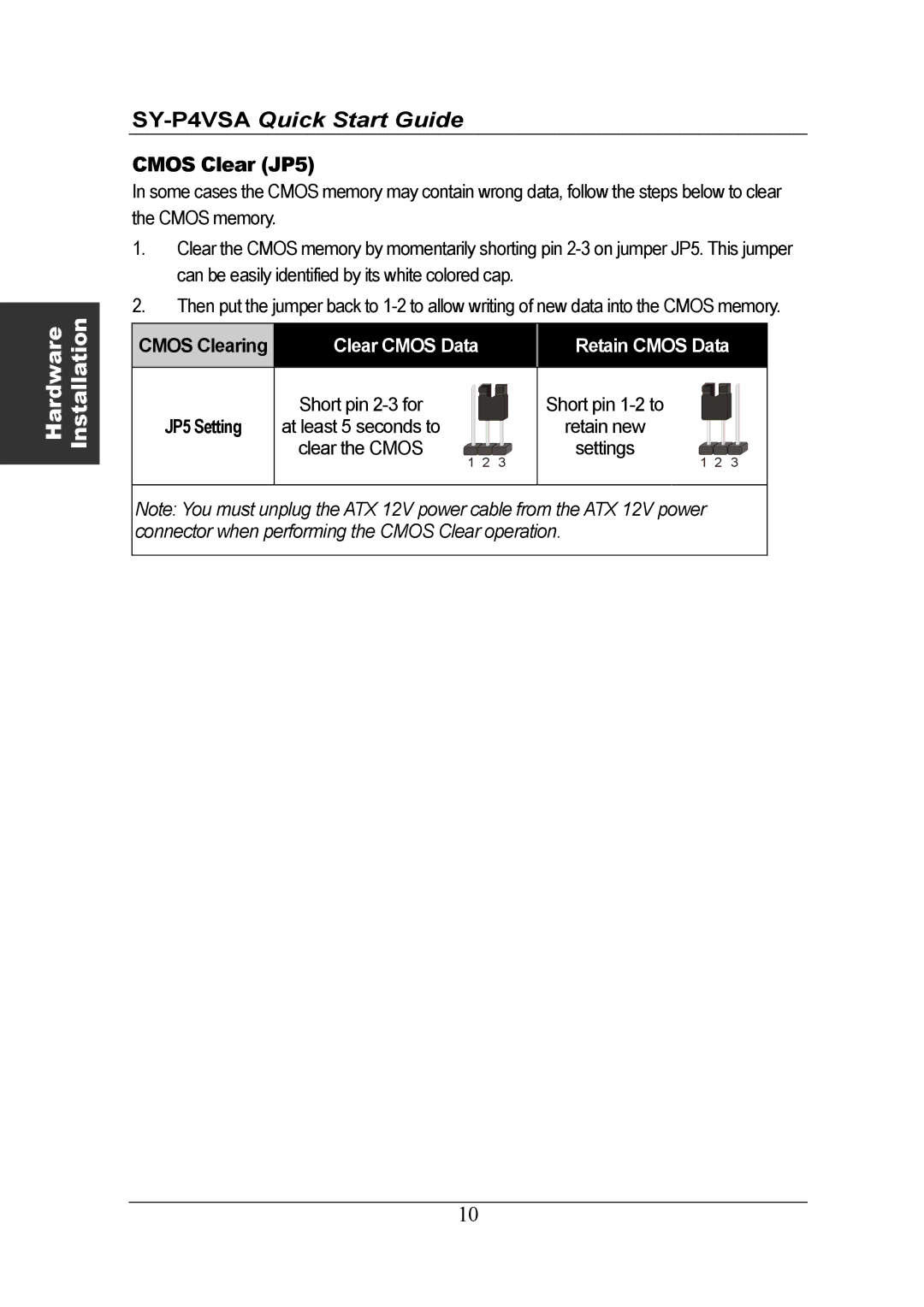 SOYO SY-P4VSA quick start Cmos Clear JP5, Retain Cmos Data 