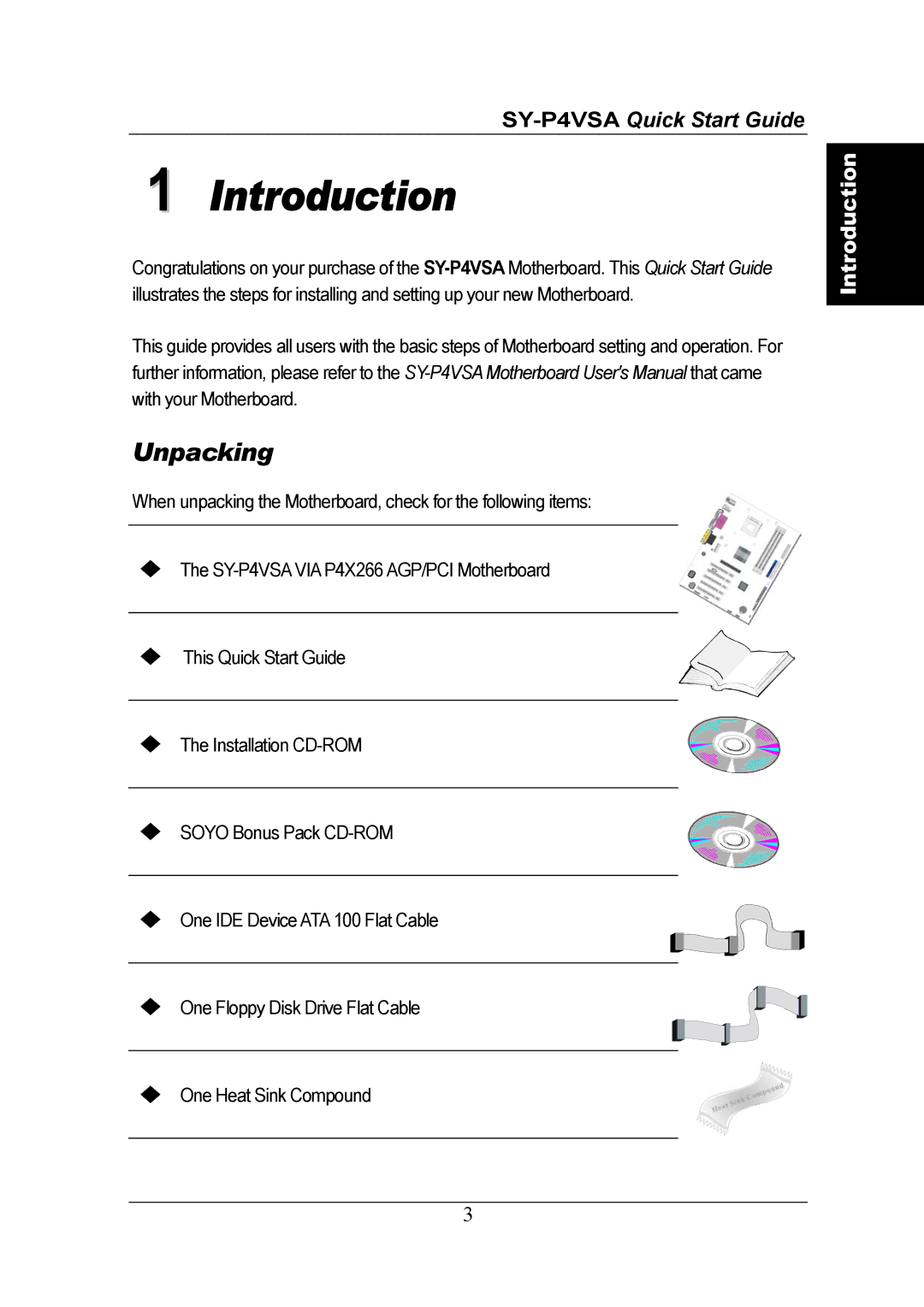 SOYO SY-P4VSA quick start Introduction, Unpacking 