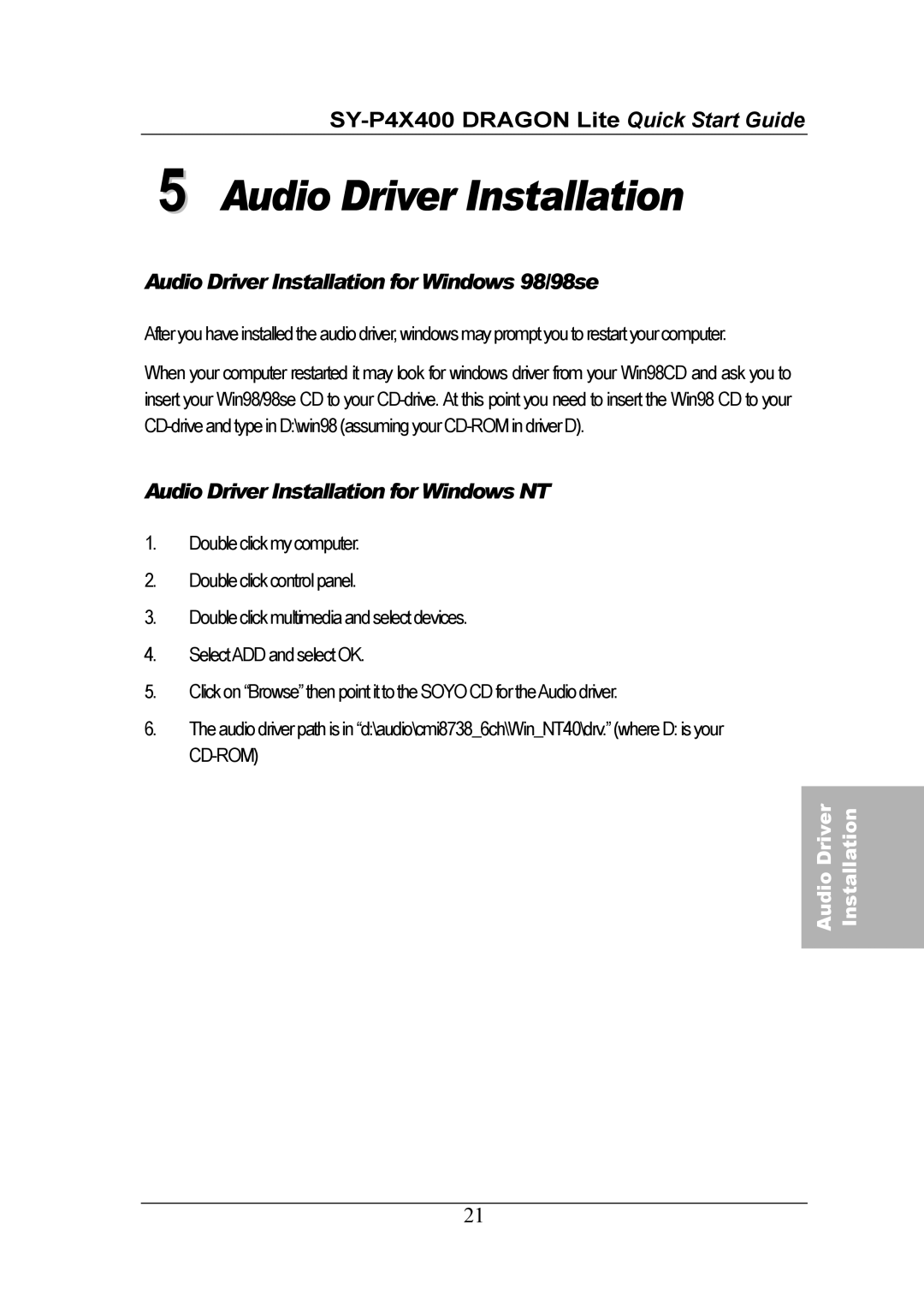 SOYO SY-P4X400 quick start Audio Driver Installation for Windows 98/98se 