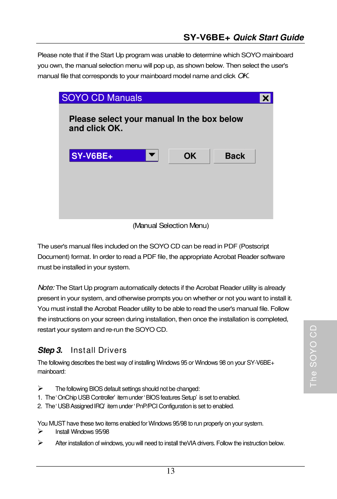 SOYO SY-V6BE+ Please select your manual In the box below and click OK, Back, Install Drivers, Manual Selection Menu 