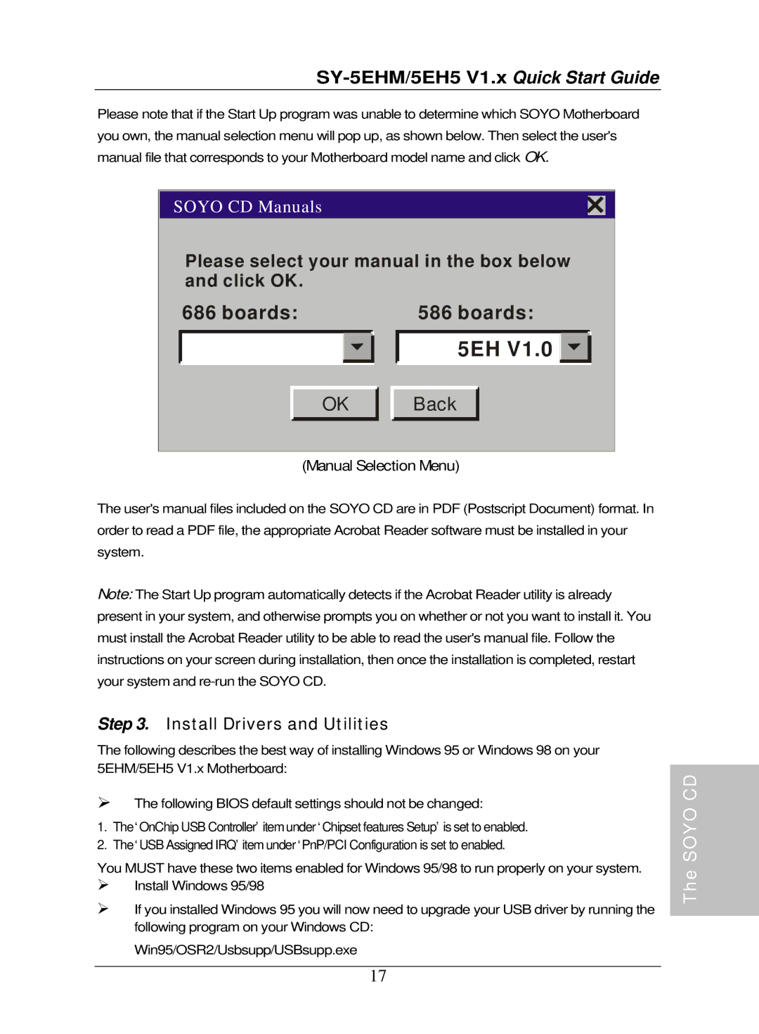 SOYO V1.0, V1.1 quick start Install Drivers and Utilities, Manual Selection Menu 