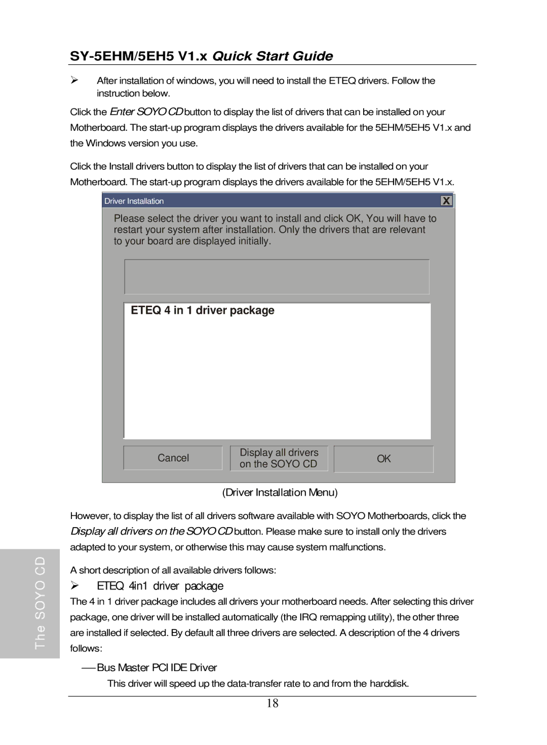 SOYO V1.1, V1.0 quick start Eteq 4in1 driver package, Driver Installation Menu, ⎯ Bus Master PCI IDE Driver 