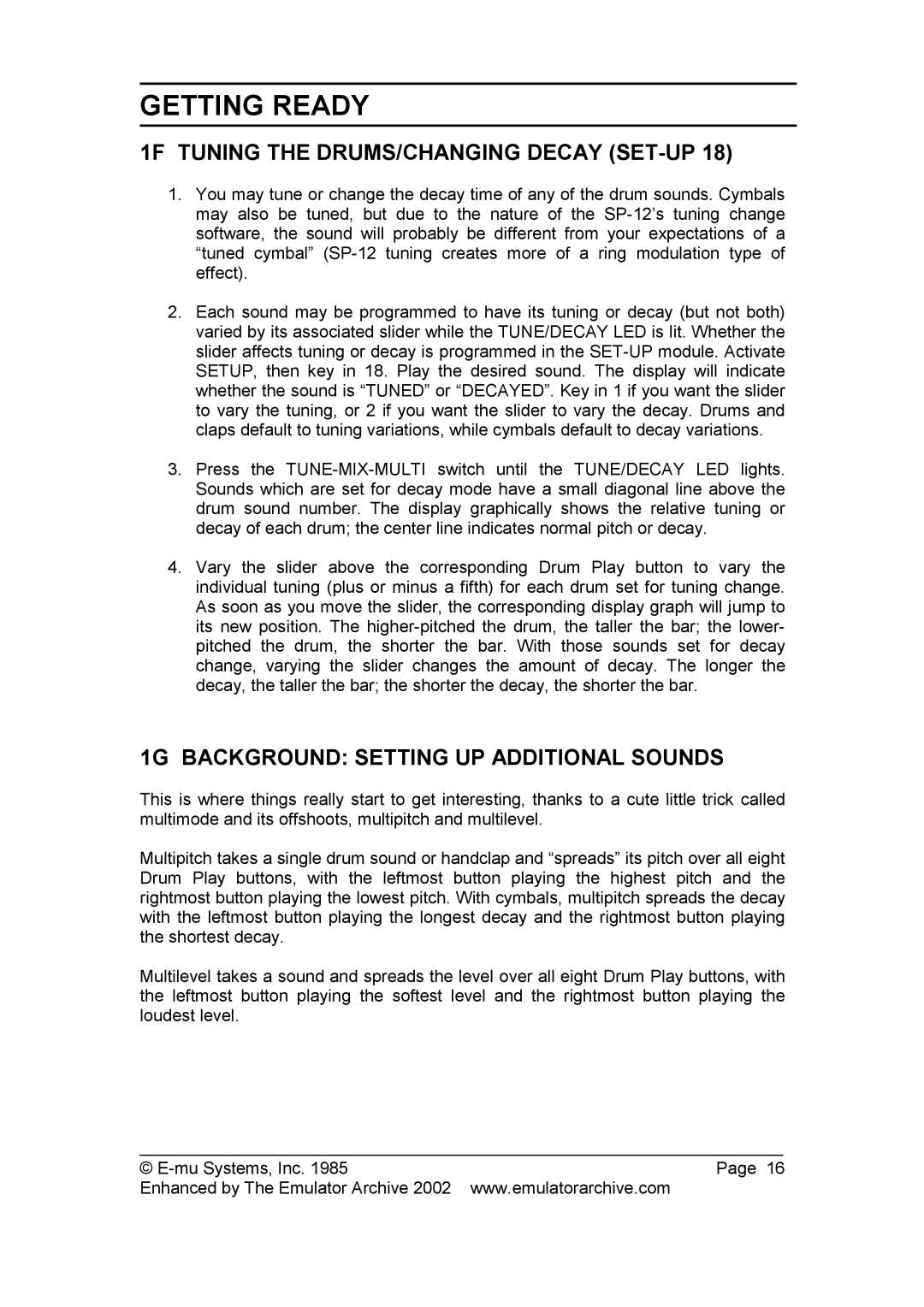 SP Studio Systems SP-12 manual 1F Tuning the DRUMS/CHANGING Decay SET-UP, 1G Background Setting UP Additional Sounds 