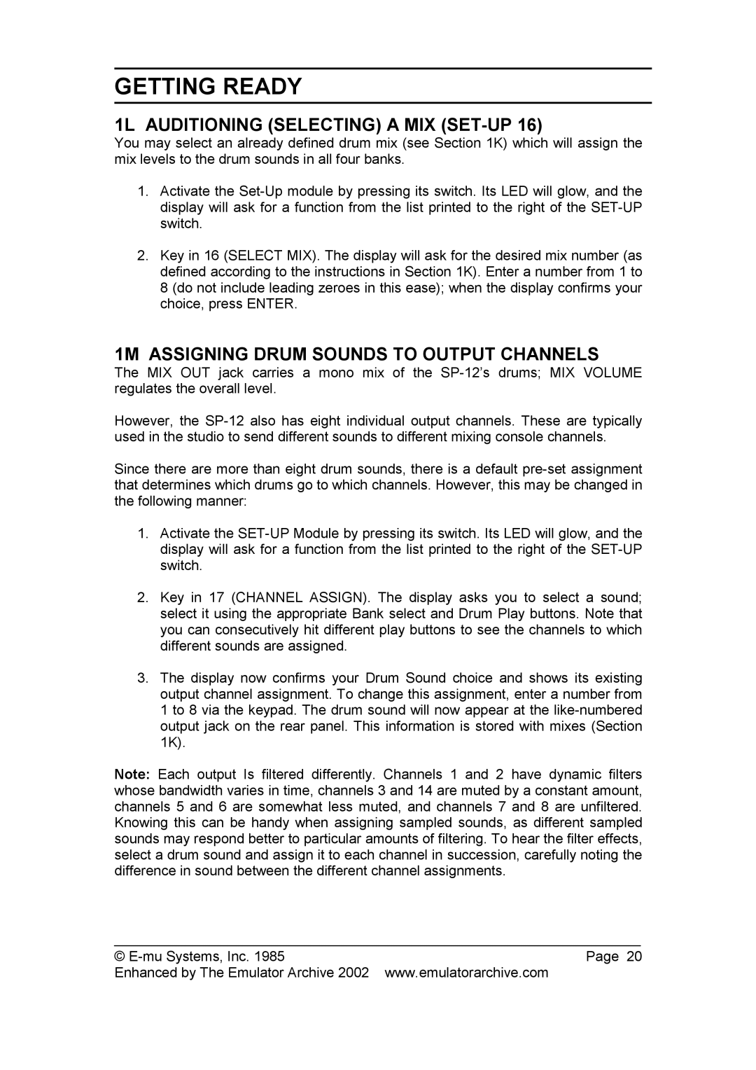 SP Studio Systems SP-12 manual 1L Auditioning Selecting a MIX SET-UP, 1M Assigning Drum Sounds to Output Channels 