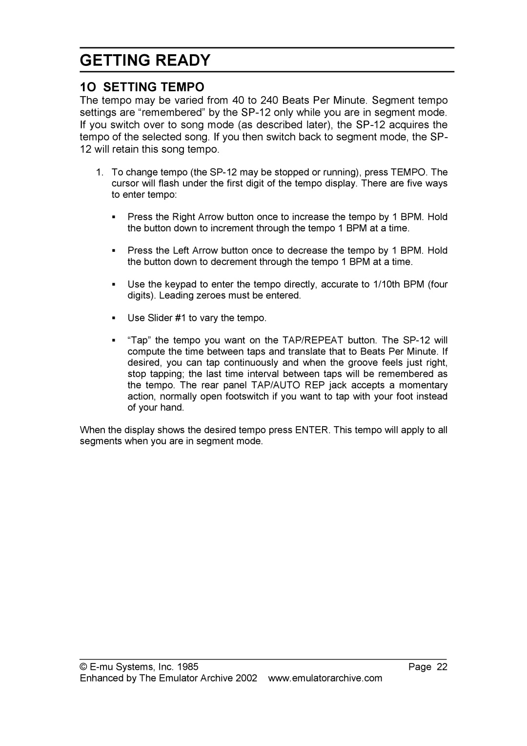 SP Studio Systems SP-12 manual 1O Setting Tempo 