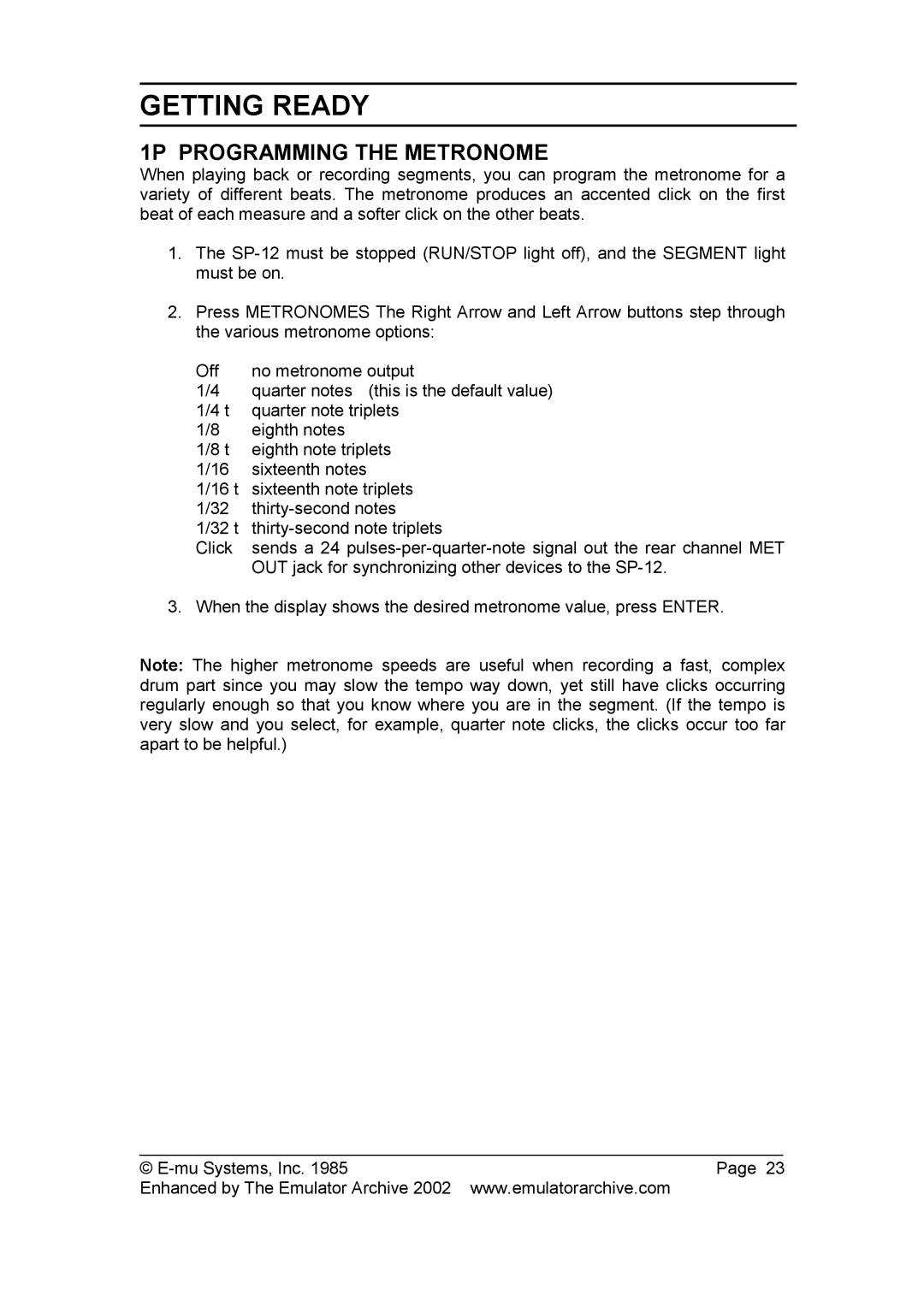 SP Studio Systems SP-12 manual 1P Programming the Metronome 