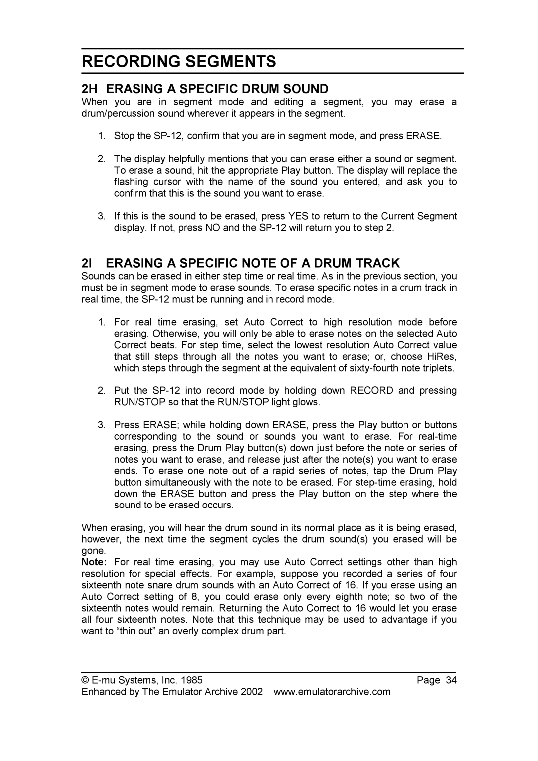 SP Studio Systems SP-12 manual 2H Erasing a Specific Drum Sound, 2I Erasing a Specific Note of a Drum Track 