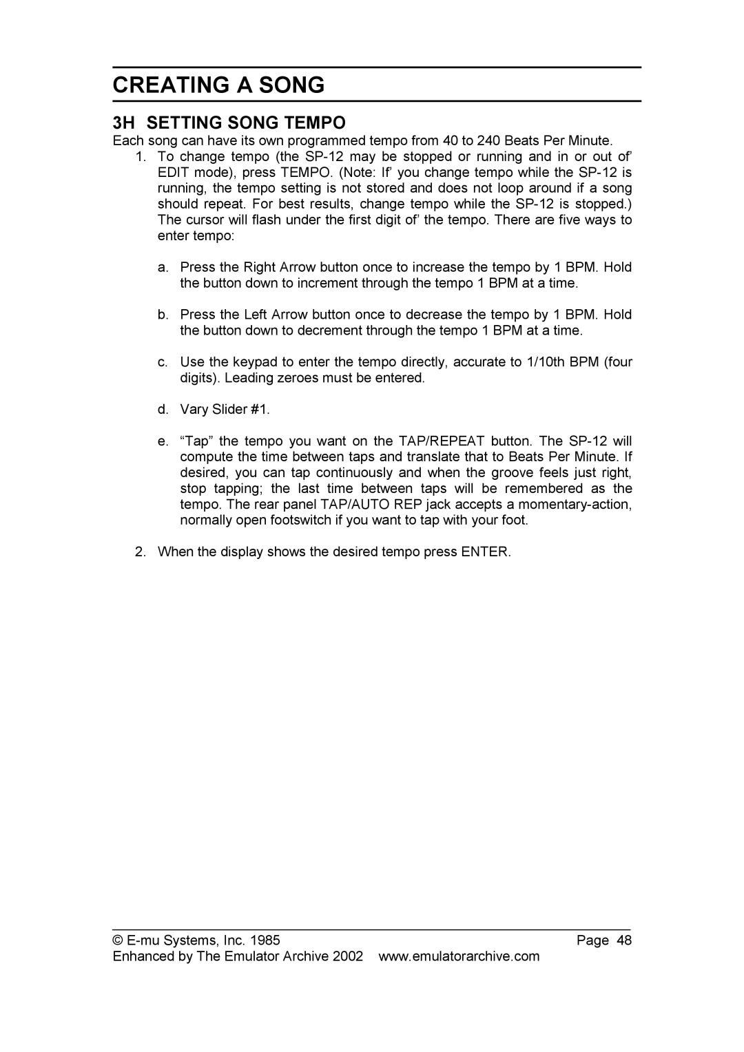 SP Studio Systems SP-12 manual 3H Setting Song Tempo 