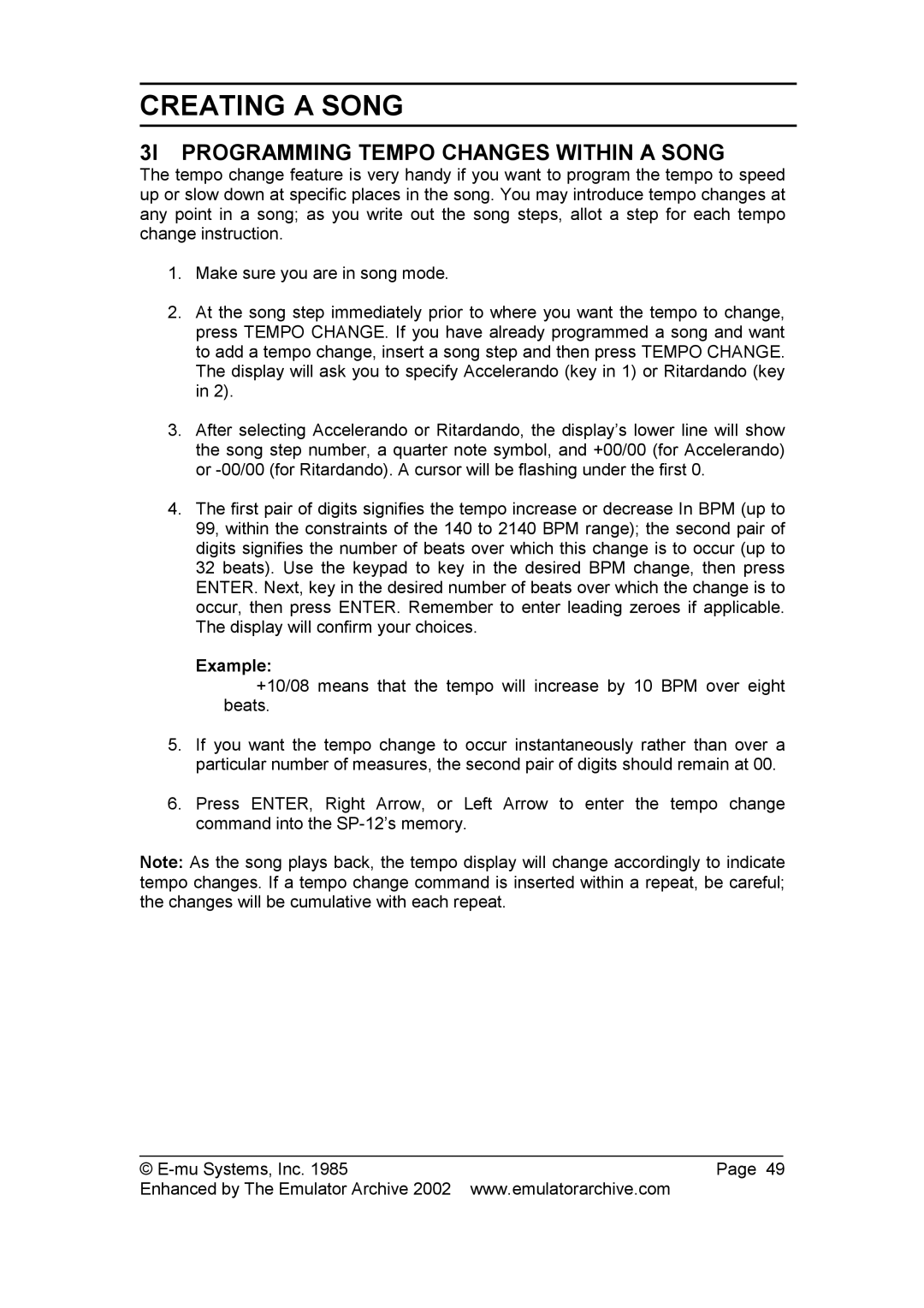 SP Studio Systems SP-12 manual 3I Programming Tempo Changes Within a Song, Example 