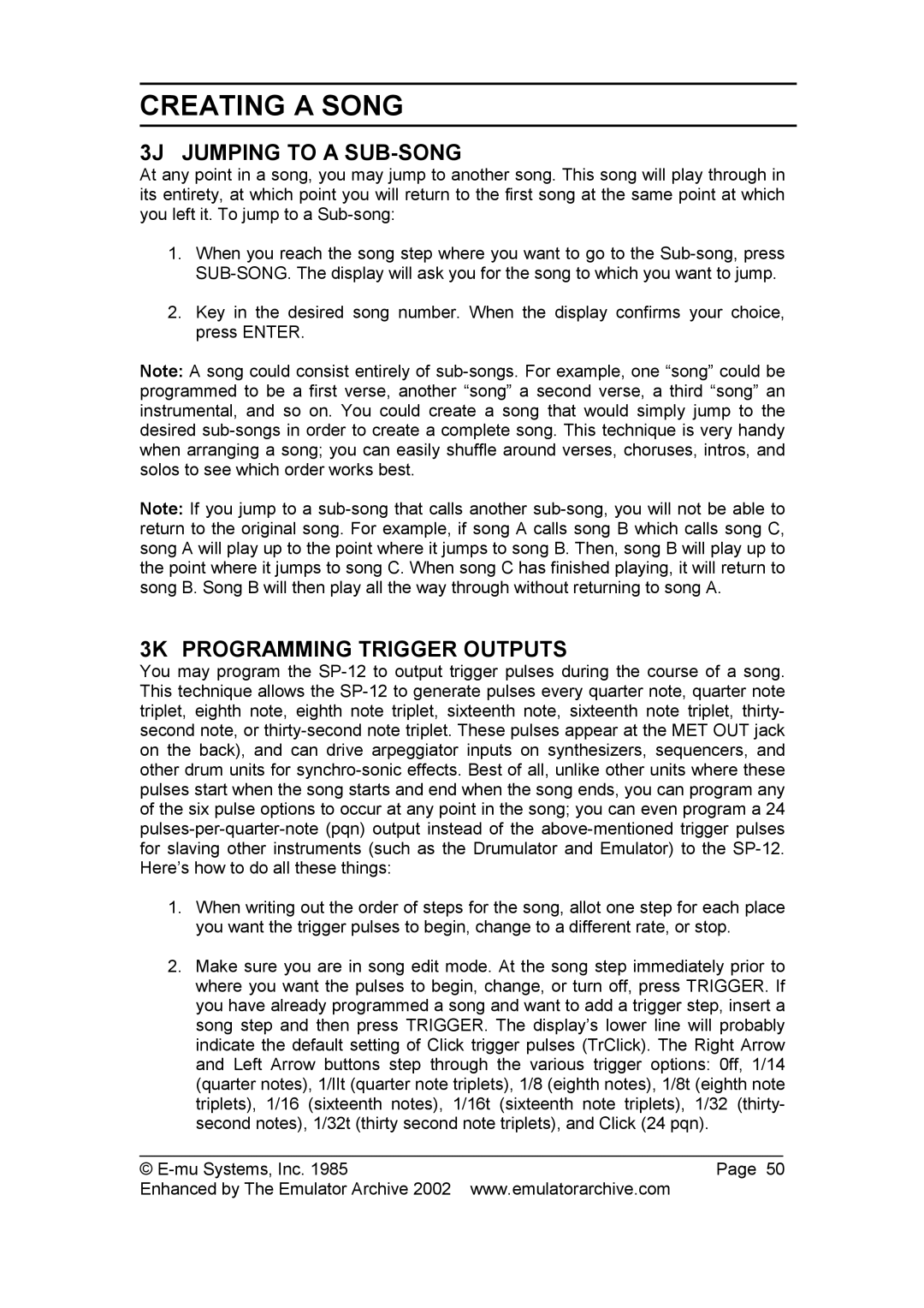 SP Studio Systems SP-12 manual 3J Jumping to a SUB-SONG, 3K Programming Trigger Outputs 