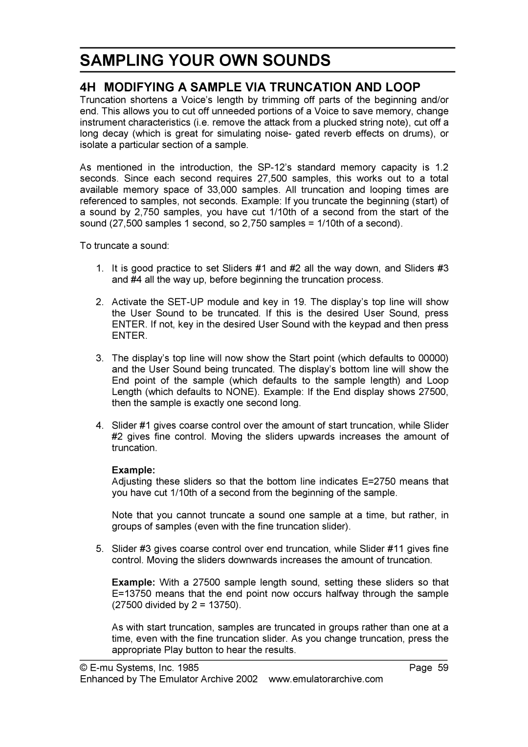 SP Studio Systems SP-12 manual 4H Modifying a Sample VIA Truncation and Loop 