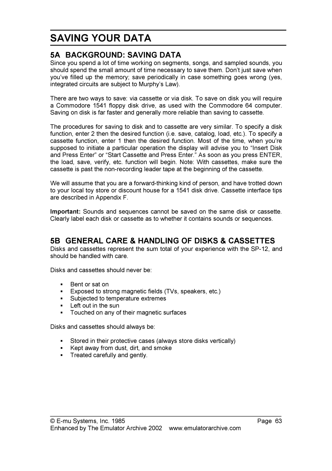 SP Studio Systems SP-12 manual 5A Background Saving Data, 5B General Care & Handling of Disks & Cassettes 