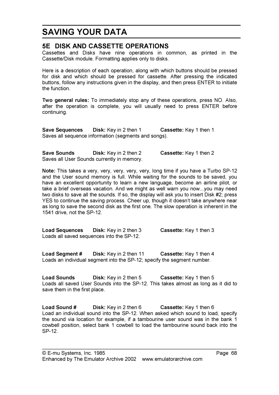 SP Studio Systems SP-12 manual 5E Disk and Cassette Operations, Load Sounds Disk Key in 2 then Cassette Key 1 then 