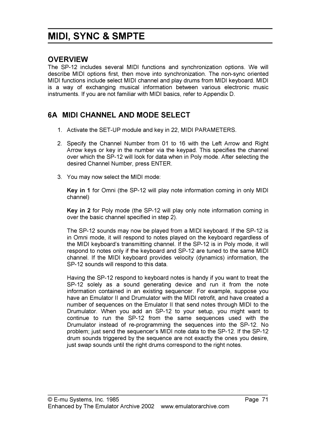 SP Studio Systems SP-12 manual Overview, 6A Midi Channel and Mode Select 