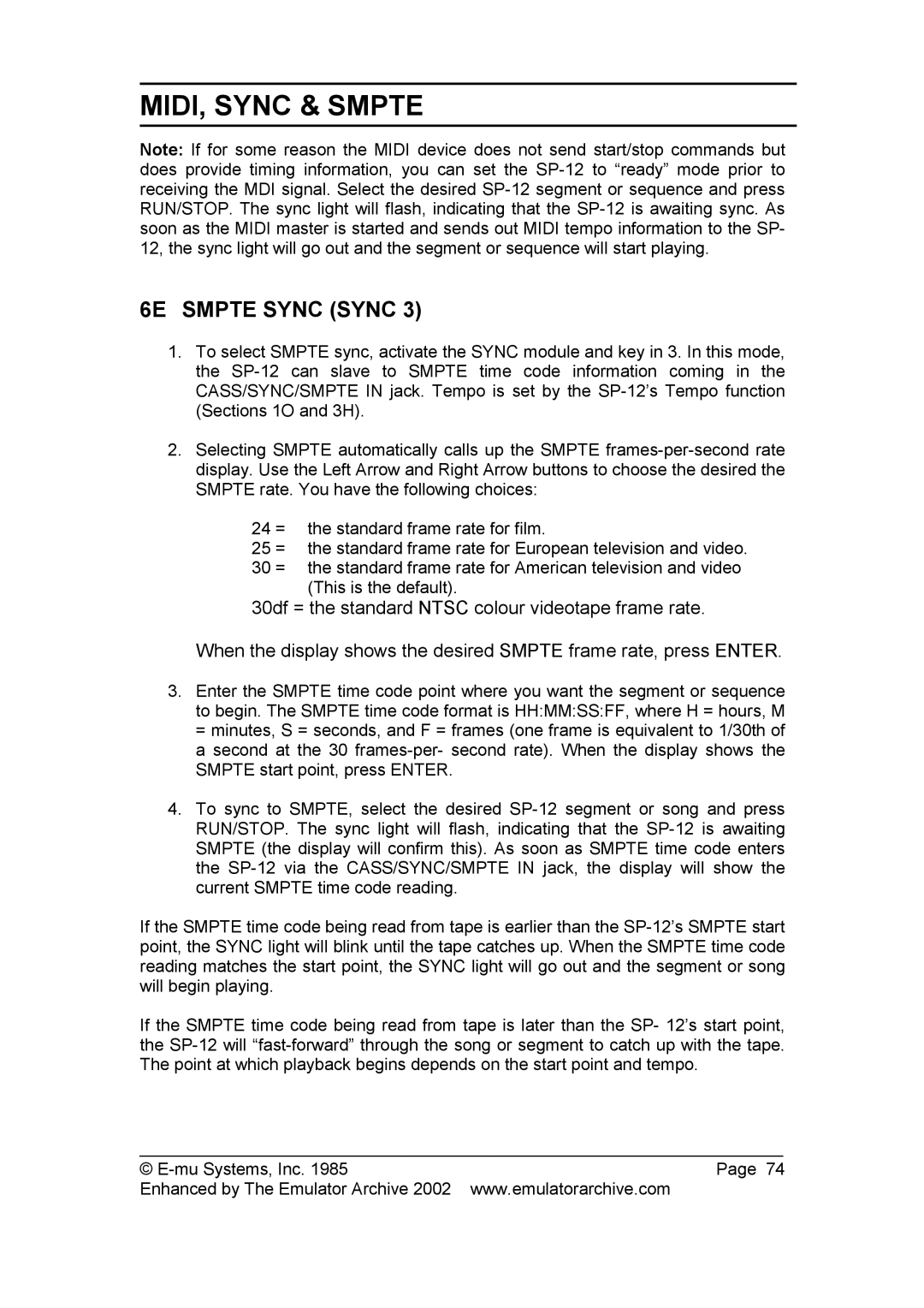 SP Studio Systems SP-12 manual 6E Smpte Sync Sync 