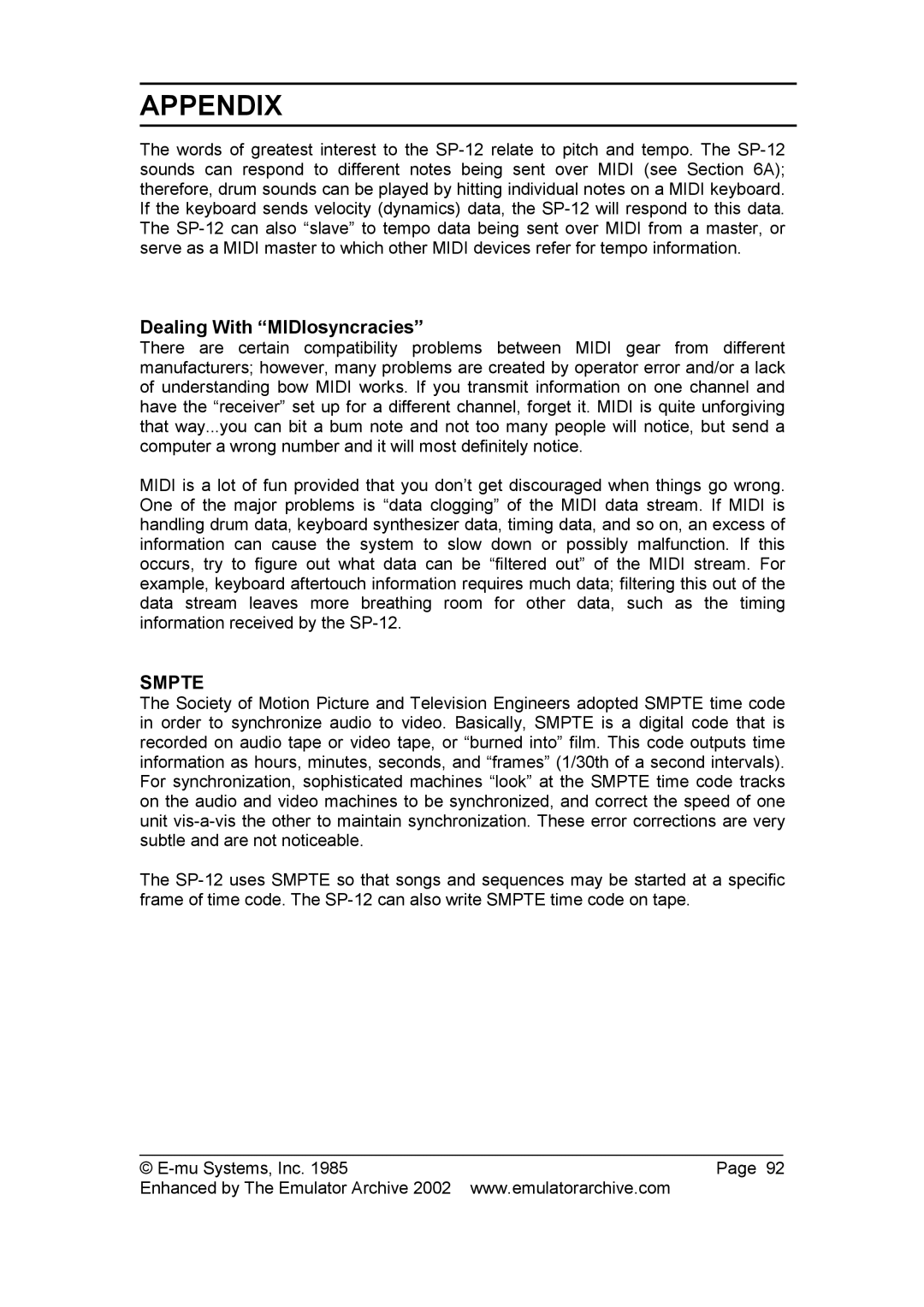 SP Studio Systems SP-12 manual Dealing With MlDlosyncracies, Smpte 