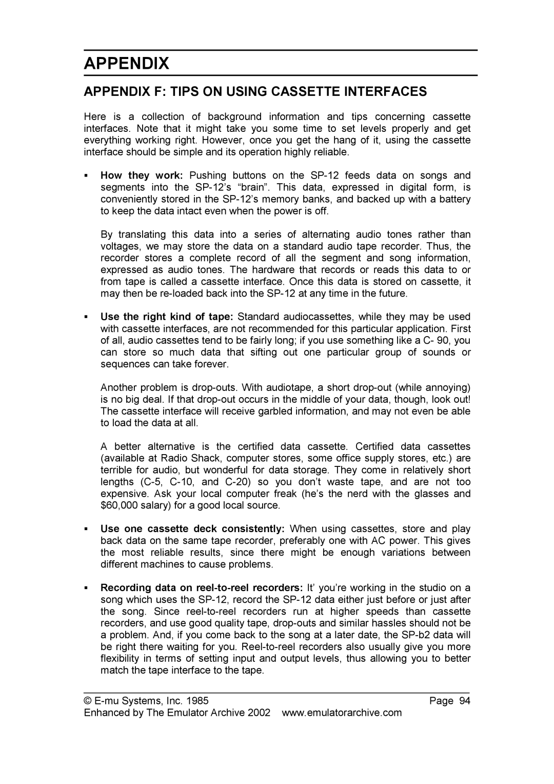 SP Studio Systems SP-12 manual Appendix F Tips on Using Cassette Interfaces 