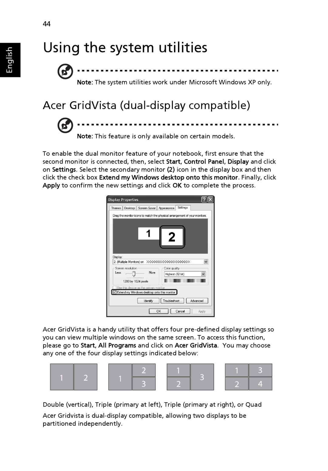 Space Bag 8210, 8200 manual Using the system utilities, Acer GridVista dual-display compatible 