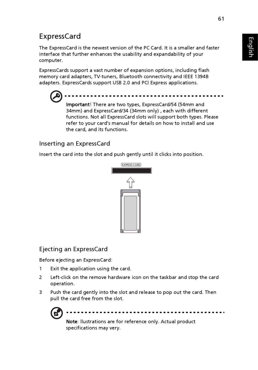 Space Bag 8200, 8210 manual Inserting an ExpressCard, Ejecting an ExpressCard 