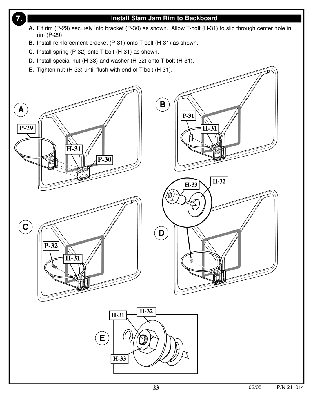 Spalding 211014 manual Install Slam Jam Rim to Backboard 