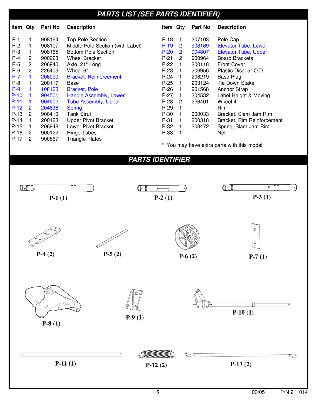 Spalding 211014 manual Parts Identifier 