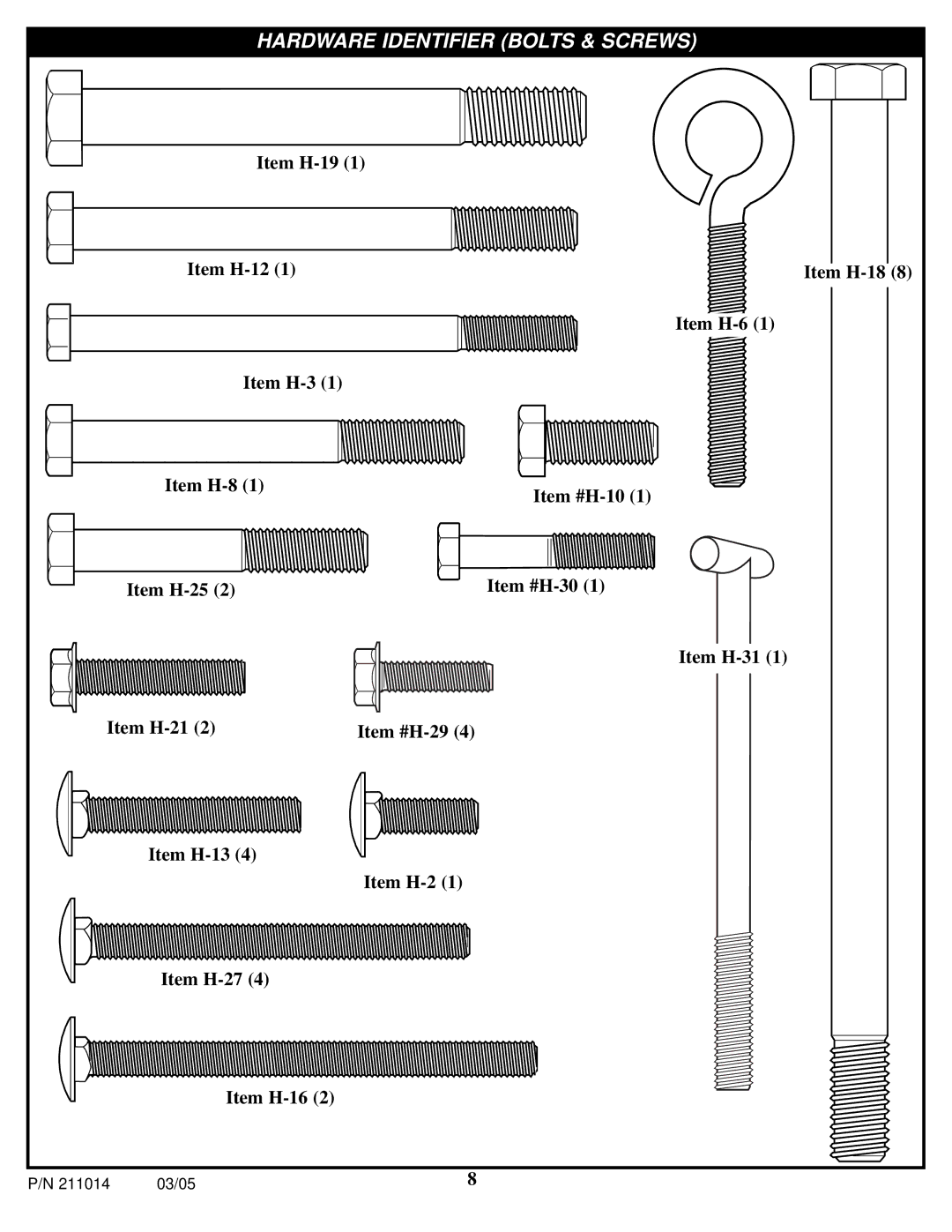 Spalding 211014 manual Hardware Identifier Bolts & Screws 