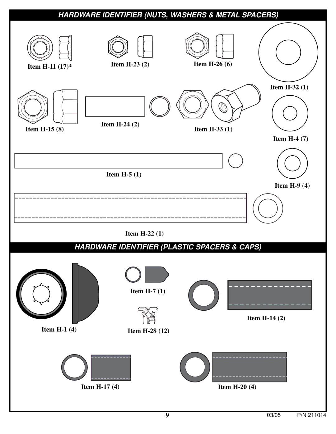 Spalding 211014 manual Hardware Identifier Plastic Spacers & Caps 