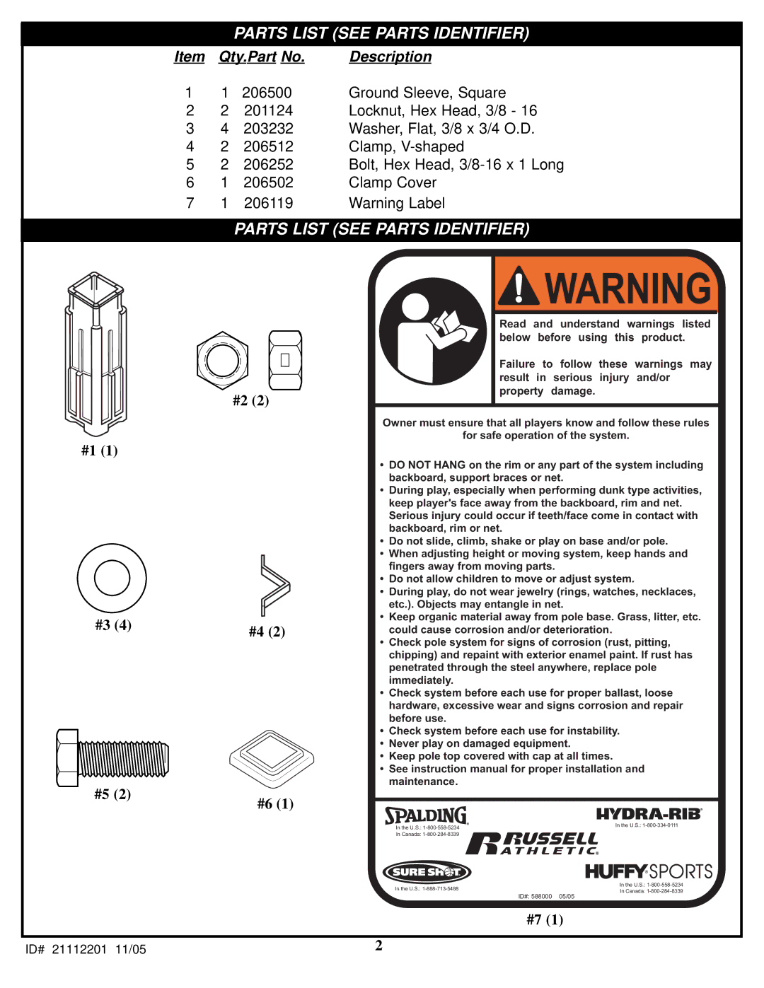 Spalding 21112201 manual Parts List see Parts Identifier 