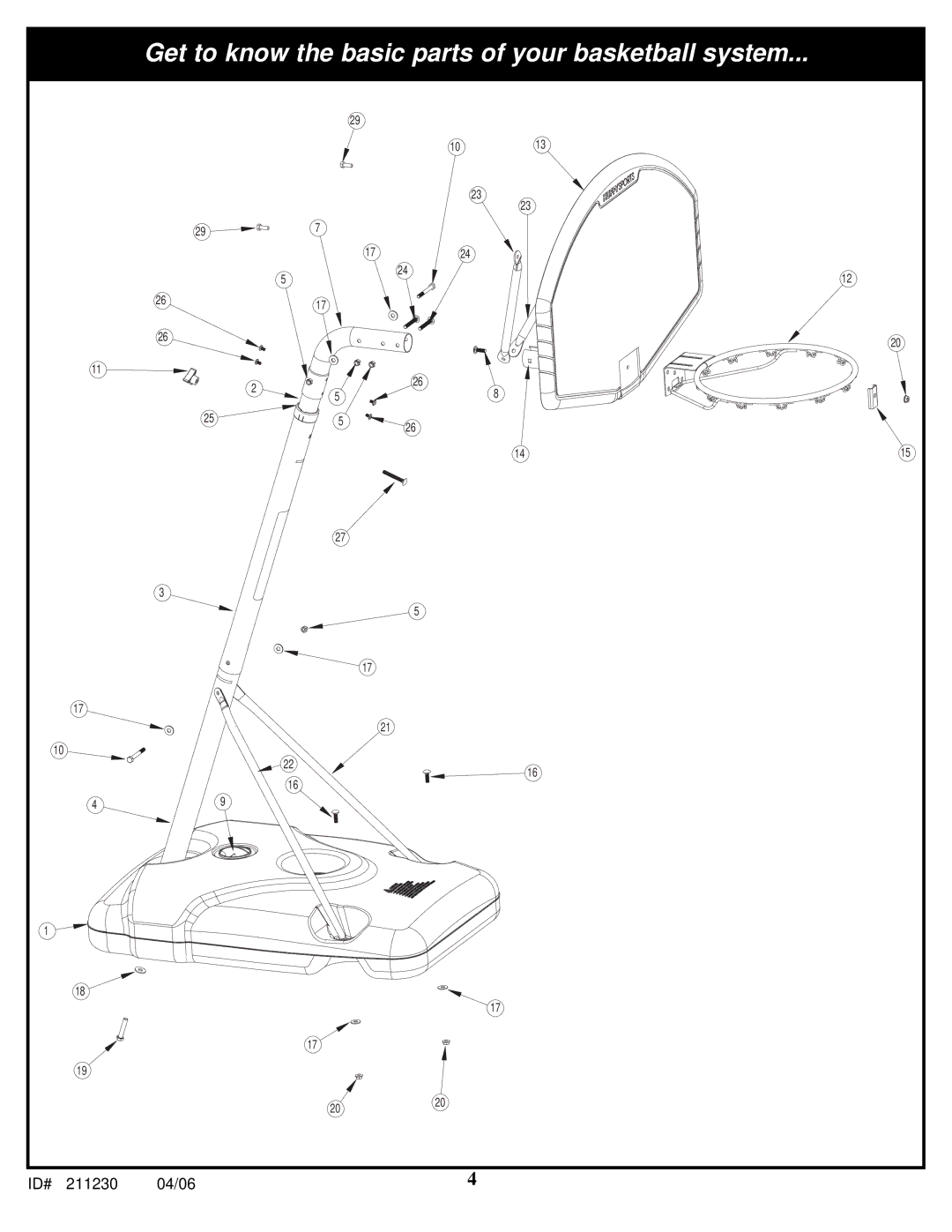 Spalding 211230 manual Get to know the basic parts of your basketball system 