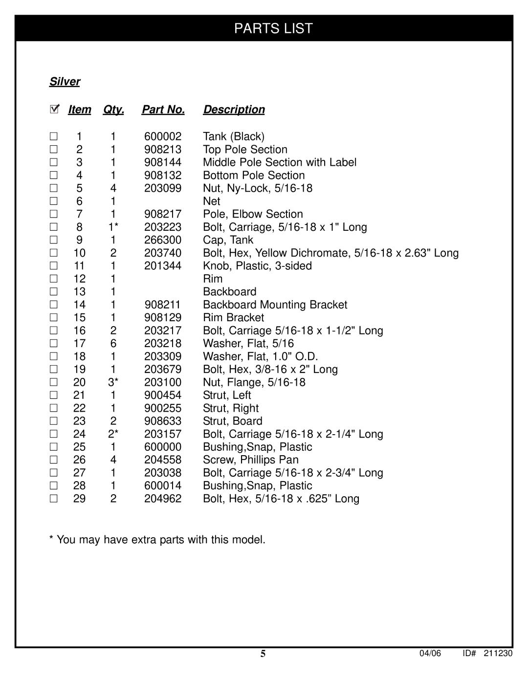 Spalding 211230 manual Parts List 