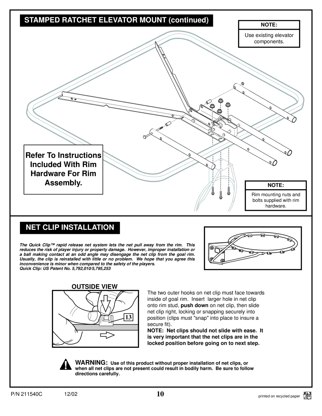 Spalding 211540C manual Stamped Ratchet Elevator Mount, NET Clip Installation 