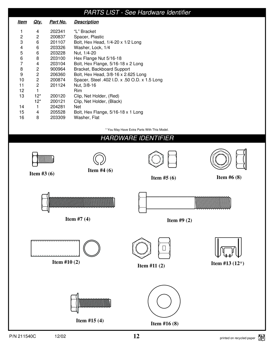 Spalding 211540C manual Parts List See Hardware Identifier 