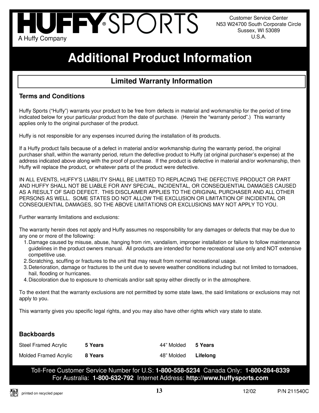 Spalding 211540C manual Additional Product Information 