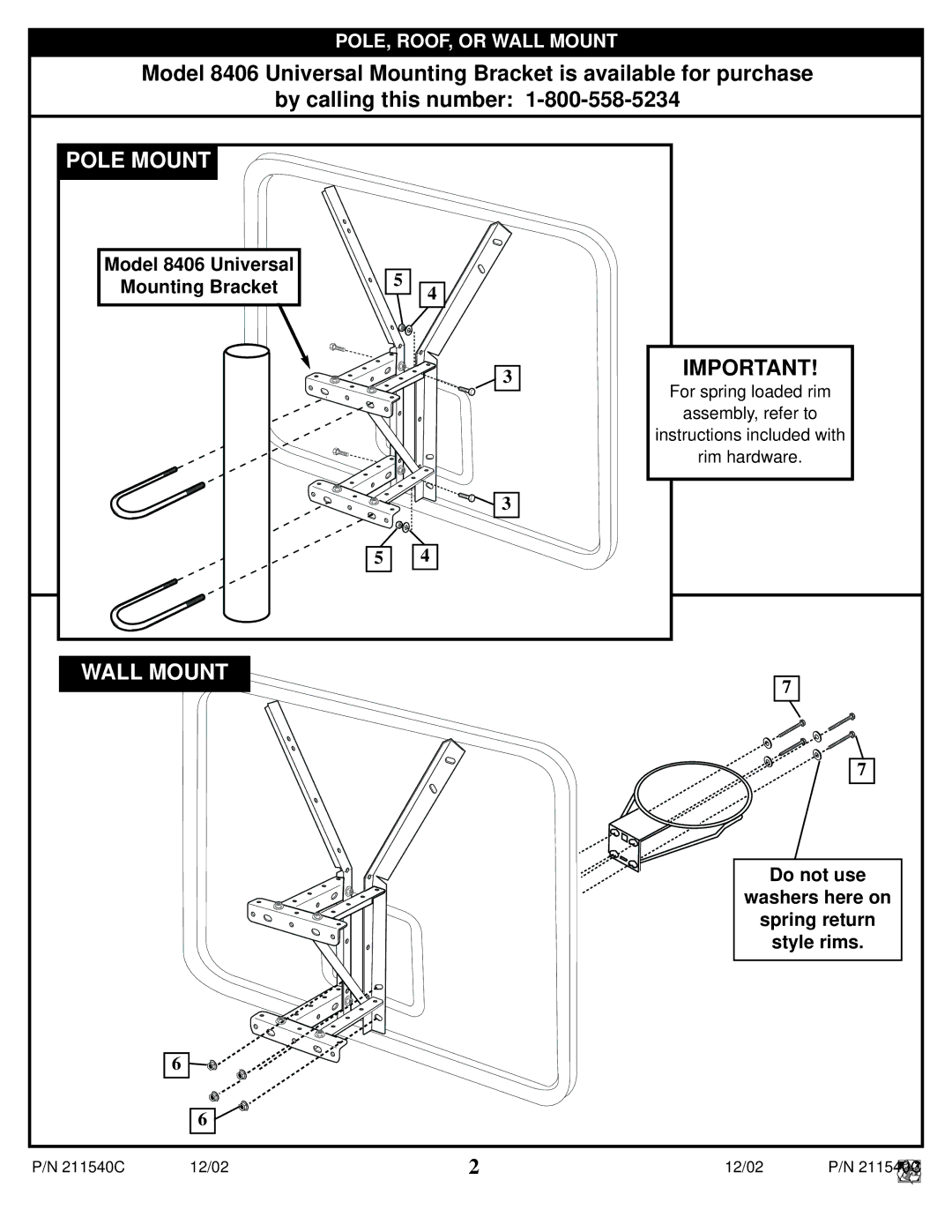 Spalding 211540C manual Pole Mount, Wall Mount 