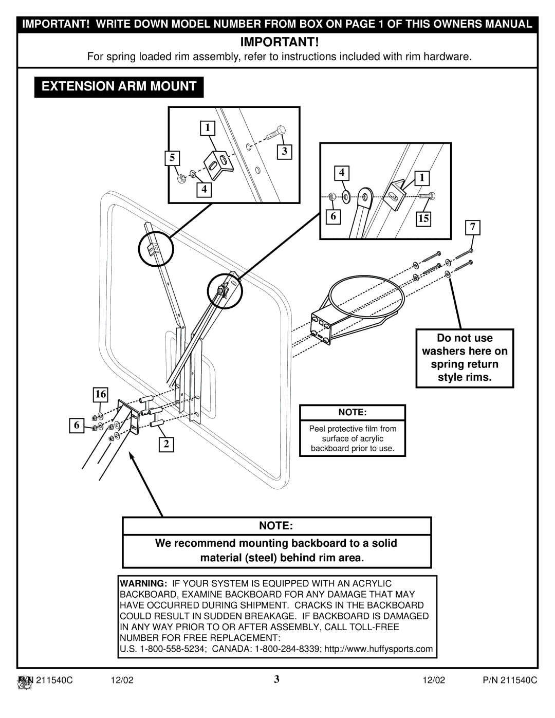 Spalding 211540C manual Extension ARM Mount 